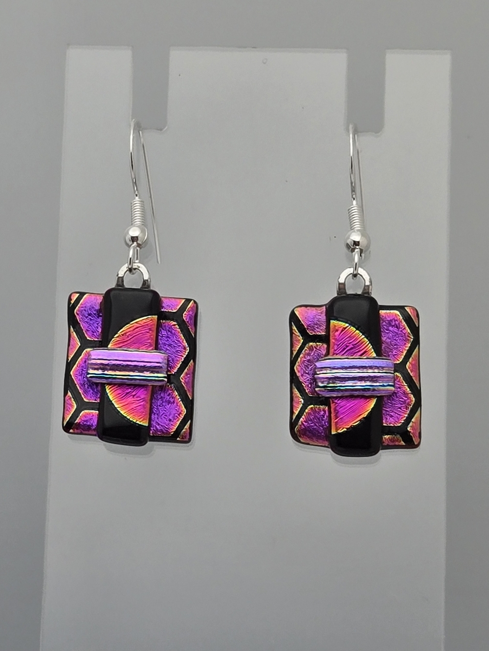 Dichroic Glass Earrings Pink Black Hexagon Sterling Silver 1.25" New